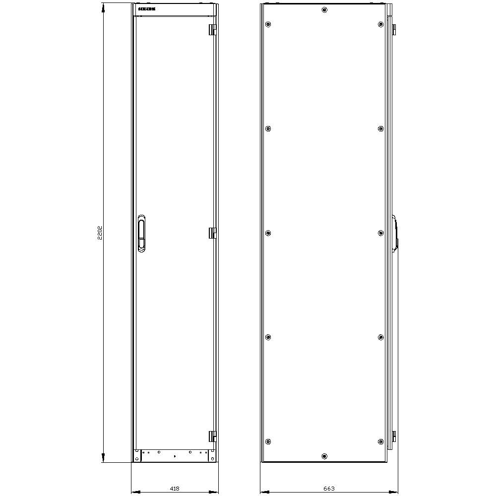 The drawing shows technical sketches of a rectangular control cabinet from two perspectives: front view and side view, with dimensions.