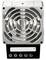 A metal fan in a rectangular housing with a visible protective grille and indicator light at the bottom.