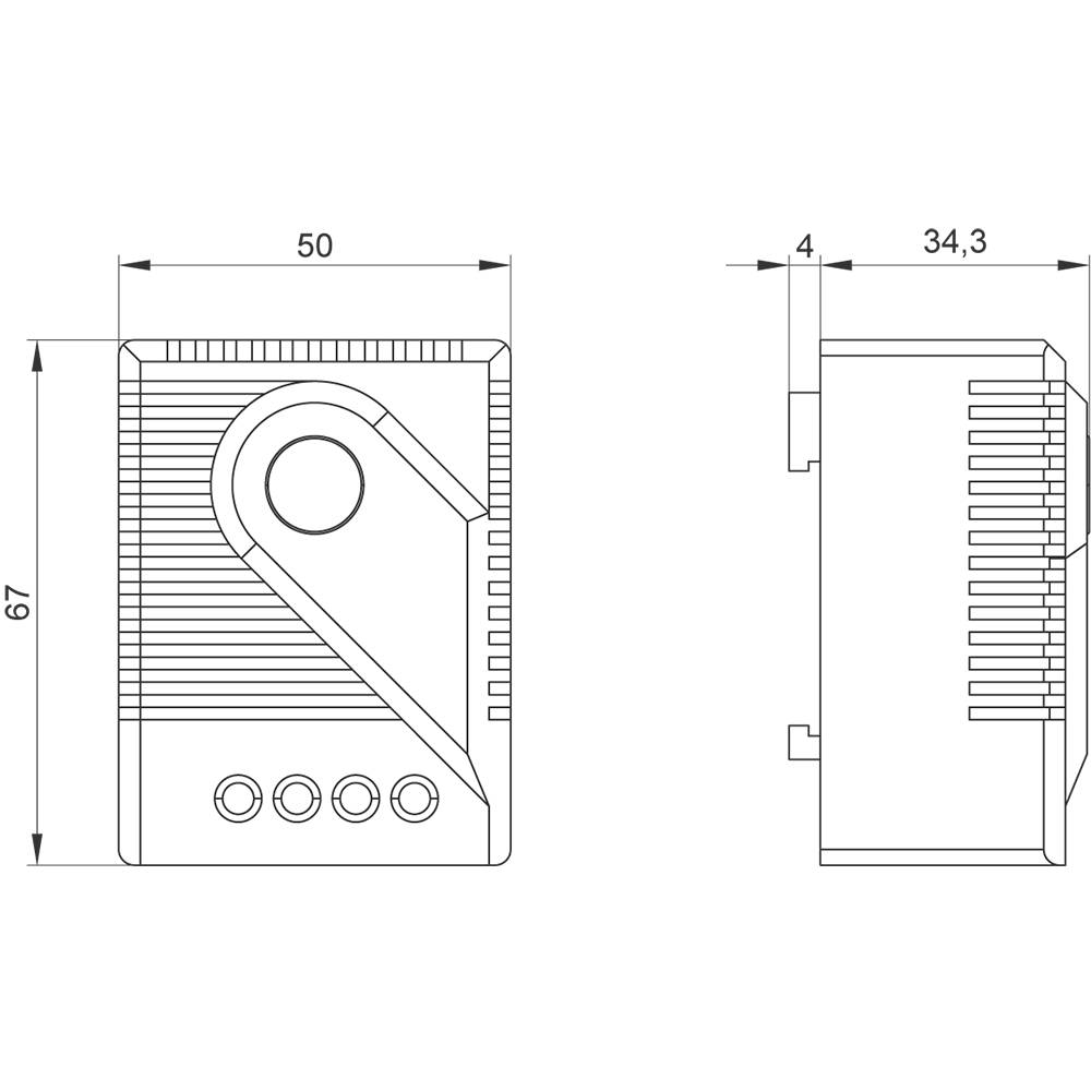Technical drawing of a rectangular device with dimensions: height 67 mm, width 50 mm, depth 34.3 mm. Contains buttons and ventilation slots.