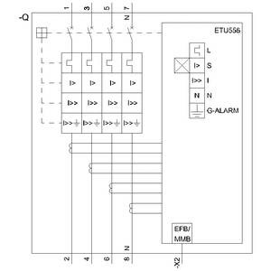 Circuit diagram of an electronic device with labels 'ETU556', 'G-ALARM' and 'EFB/MMB'. Shows connections, symbols and designations for electrical functions.