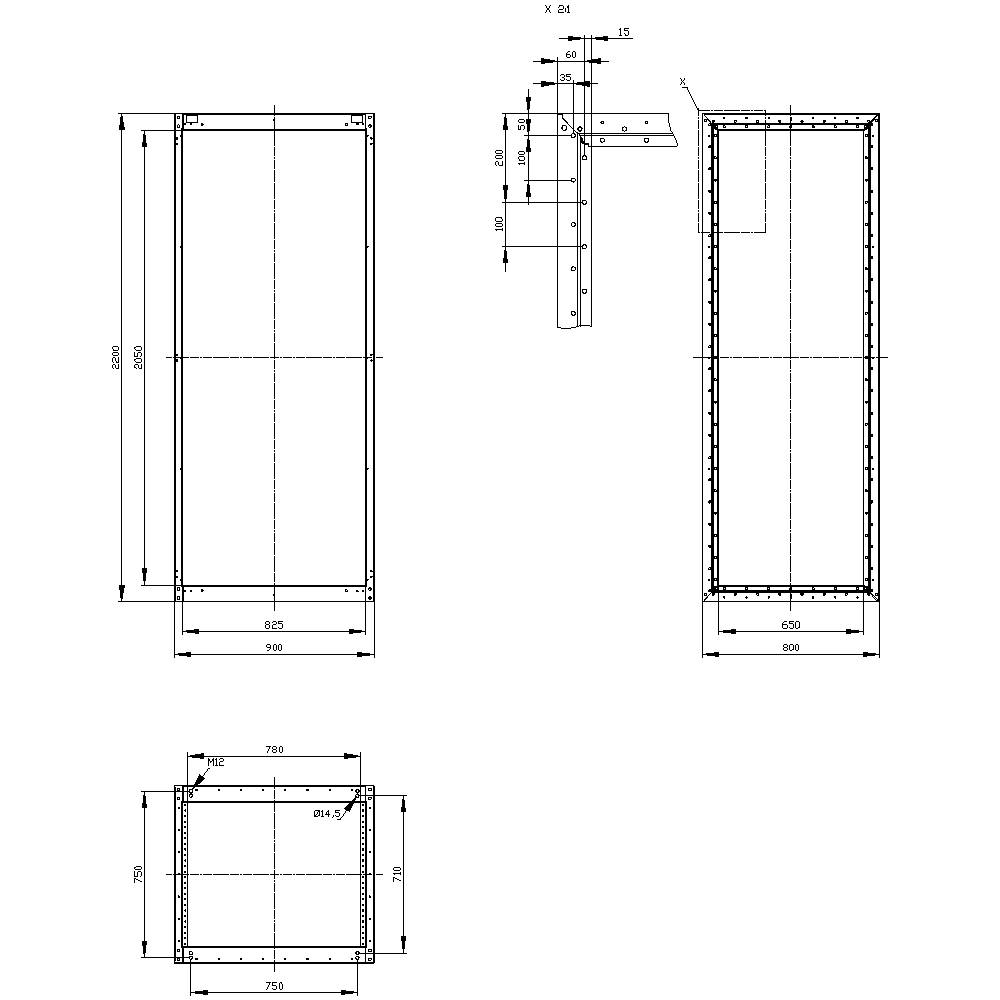 Technical drawing of a rectangular industrial component with dimensions: Main view 950 x 2050, Side view 950 depth, Top view 950 width.