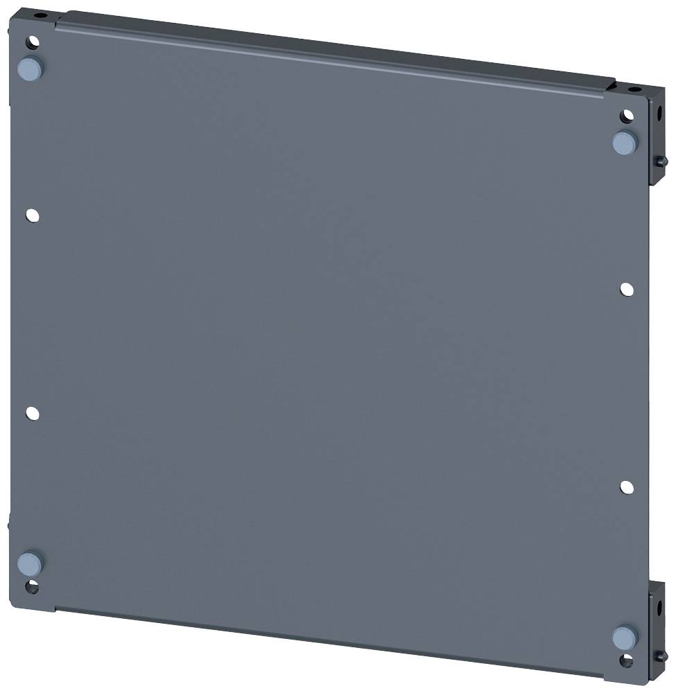 Square, grey metal plate with eight fixing holes at the edges.