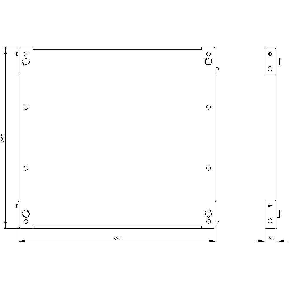 Technical drawing of a rectangular metal sheet with hole drillings. Dimensions: 325 mm width, 275 mm height, 20 mm thickness.