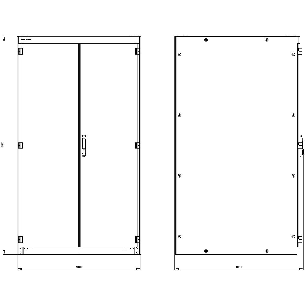 Technical drawing of a rectangular cabinet with double doors, dimensions shown in side view and front view, without additional details.