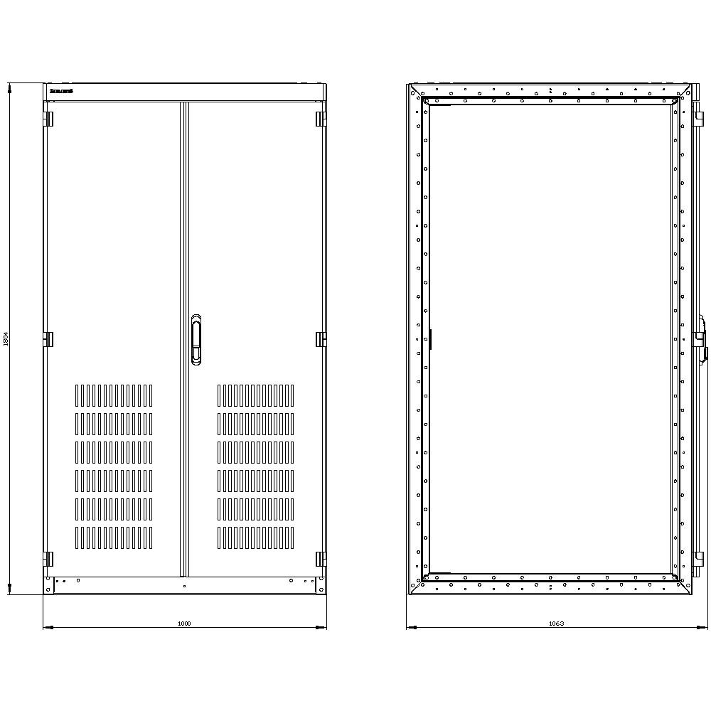 Technical drawing of a cabinet with front and side views, including dimensional specifications. Ventilation slots are visible on the left.