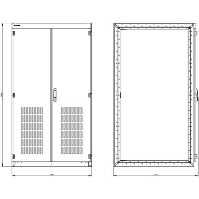 Technical drawing of a cabinet with front and side views, including dimensional specifications. Ventilation slots are visible on the left.