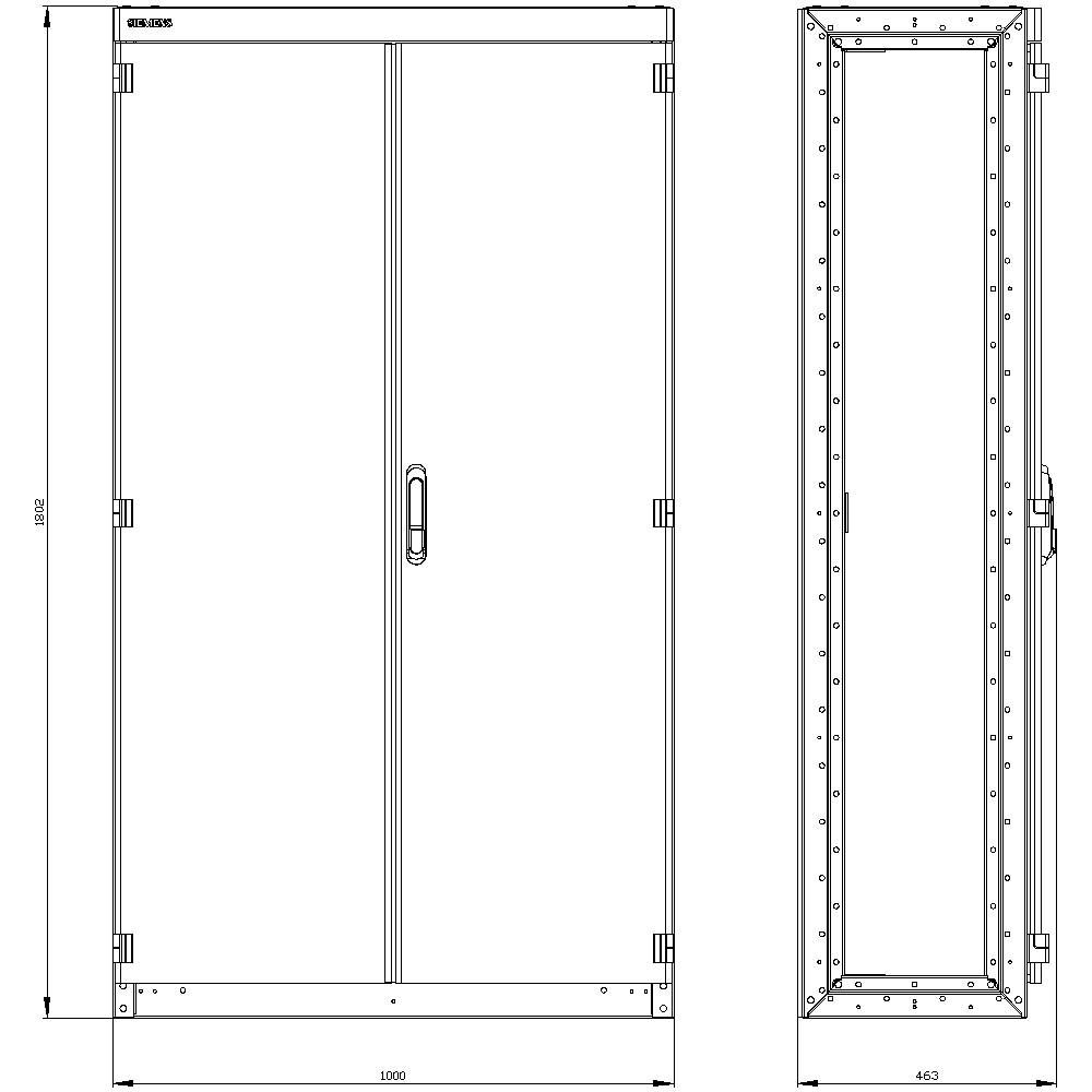 Figure of a two-winged door system with handle and detailed dimensions. Left: Width 1000 mm, Height 1982 mm. Right: Side view of the door.
