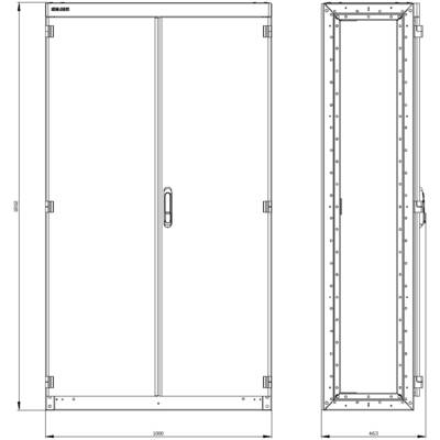 Figure of a two-winged door system with handle and detailed dimensions. Left: Width 1000 mm, Height 1982 mm. Right: Side view of the door.