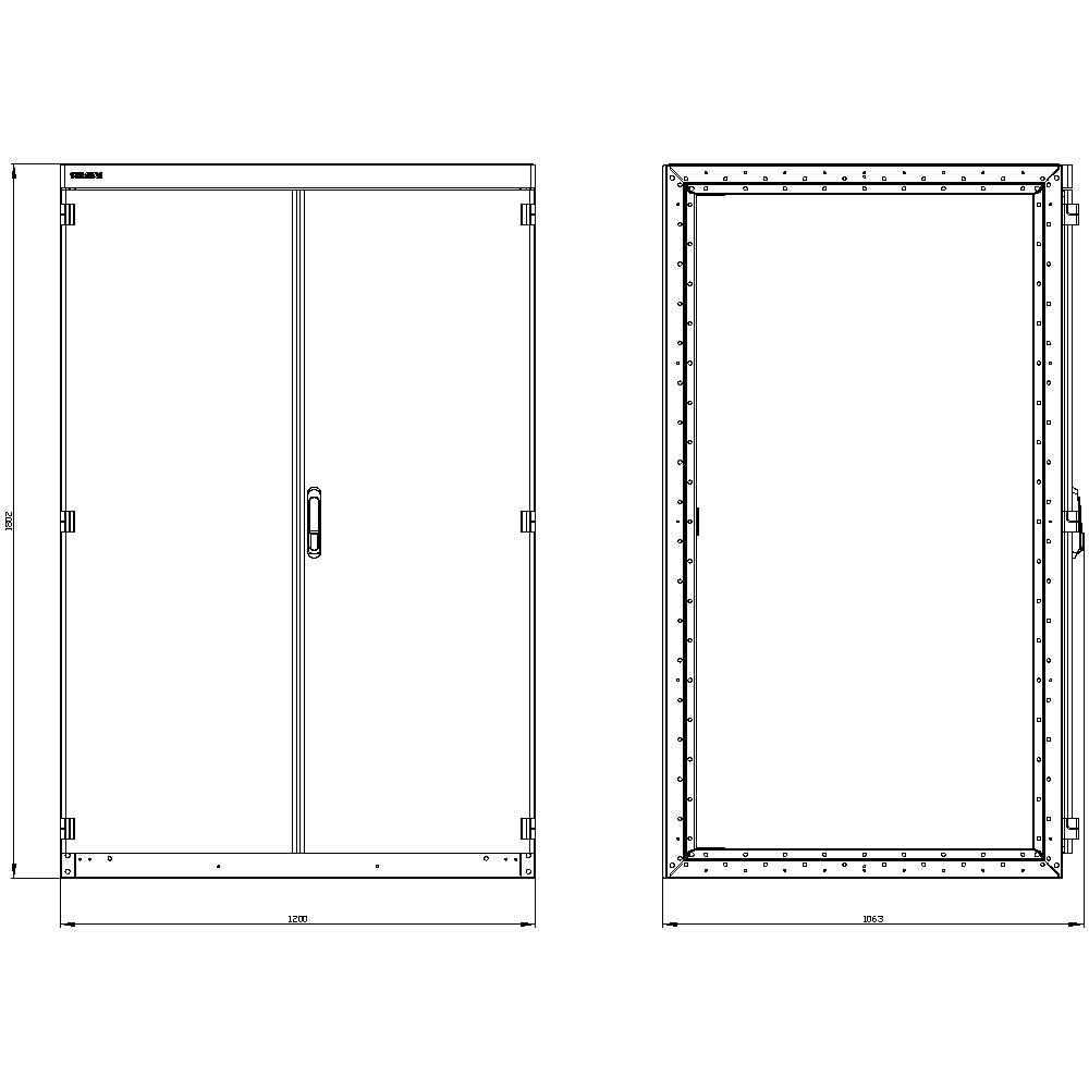 'Technical drawing of two metal doors with detailed measurements. Left door shows double-leaf swing doors, right door shows a single-leaf swing door.'