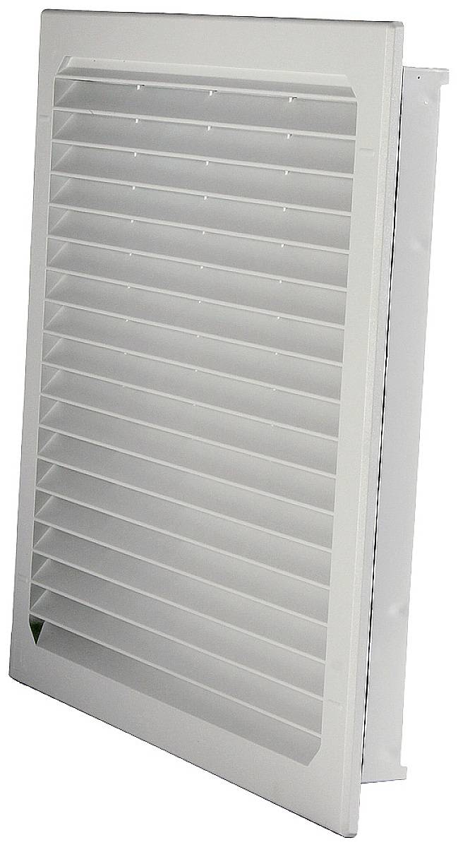 A white ventilation grille with horizontal louvres, used for room ventilation.