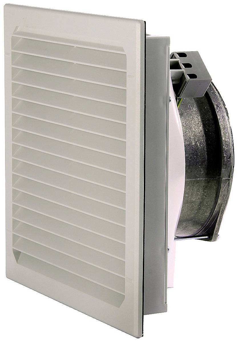 A white, rectangular air vent is shown from the side, with a fan behind it.
