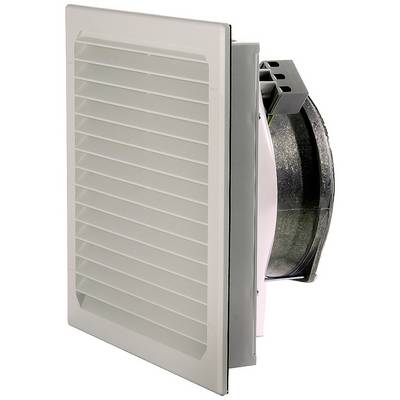 A white, rectangular air vent is shown from the side, with a fan behind it.