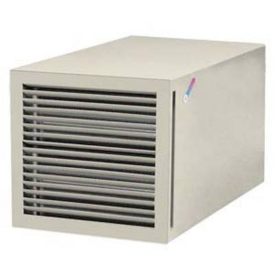 A rectangular air conditioning unit with ventilation slots on the front, white in colour, and a small logo in the top corner.