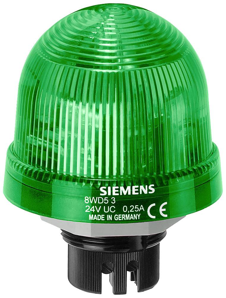 A green Siemens signal light with the marking '8WD53', operated with 24V DC, 0.25A, 'Made in Germany', CE marking.
