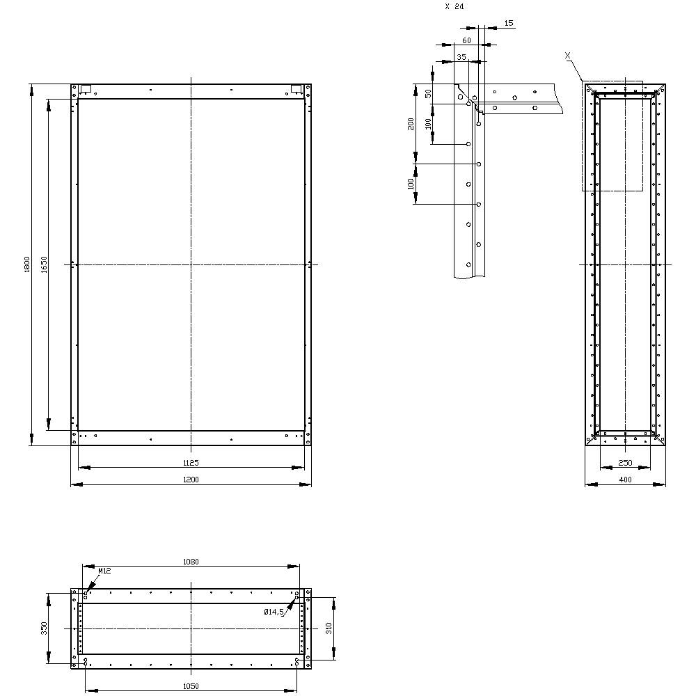 Technical drawing of a rectangular metal structure with detailed dimensions in millimetres, comprising three views.