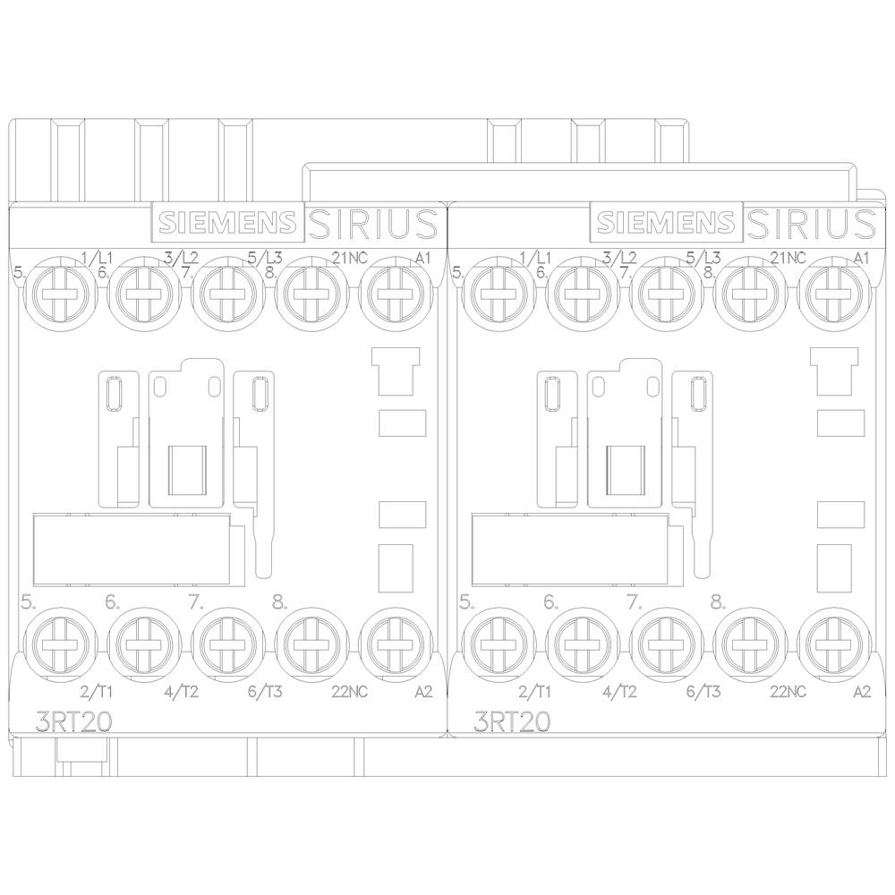 Contact diagram of two Siemens SIRIUS contactors from the 3RT20 series, showing connection numbers and A1/A2 coil terminals in the top right.