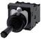 A black joystick switch with a long handle and square base, suitable for industrial control applications.