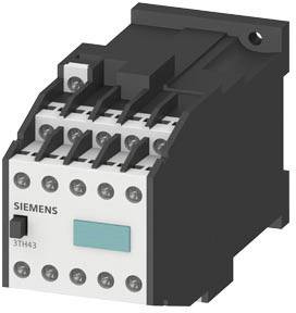 A Siemens electrical contactor, model 3TH43, in a grey and black housing, shows connection terminals and labelling at the front.