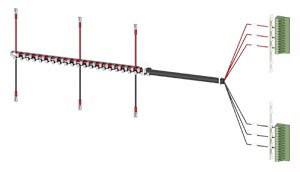 Yagi antenna with red elements connected via black cables to two green distribution boxes; shows signal path connections.