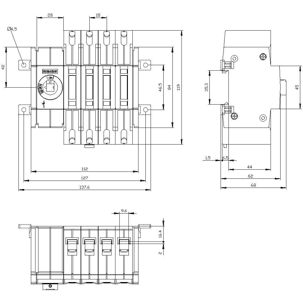Technical drawing of an electrical switch with dimensions and labels, top view and side view.