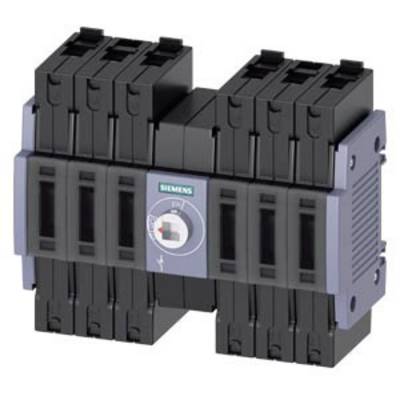 A black electric Siemens power switch, with multiple terminals and a rotary switch in the centre, on a grey background.