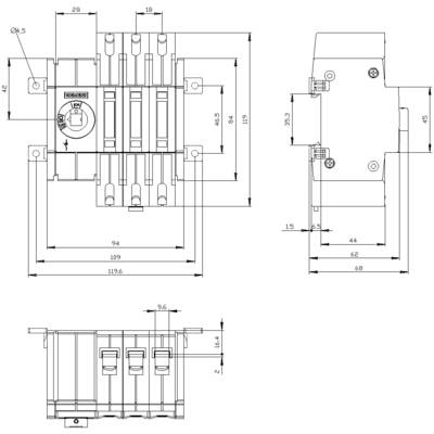 Technical drawing of a three-pole circuit breaker with front view, side view and top view. Dimensions in millimetres.