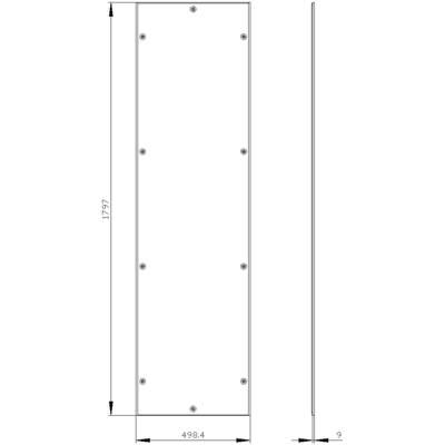 Technical drawing of a rectangular metal plate profile. Dimensions: Height 1,797 mm, Width 498.4 mm, Thickness 9 mm.