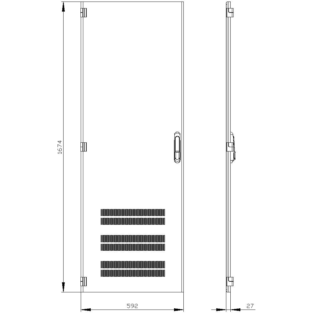'Technical drawing of a door with ventilation slots and dimensions: Height 1574 mm, Width 592 mm, Depth 27 mm. Side and front view.'