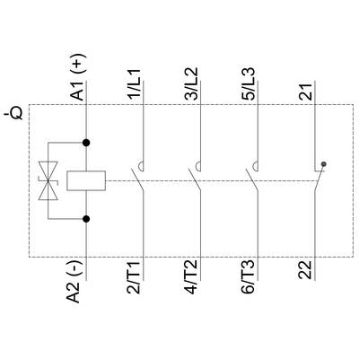 Circuit diagram of an electrical control circuit with relay. Labelled with terminals A1 (+), A2 (-), 1/L1, 3/L2, 5/L3, 2/T1, 4/T2, 6/T3, 21, 22.