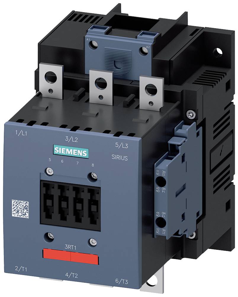 A Siemens electrical contactor in dark grey and blue, with metal connectors on top, labelled 'SIRIUS'.
