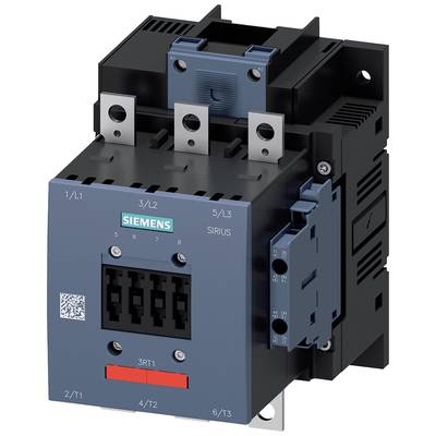 A Siemens electrical contactor in dark grey and blue, with metal connectors on top, labelled 'SIRIUS'.