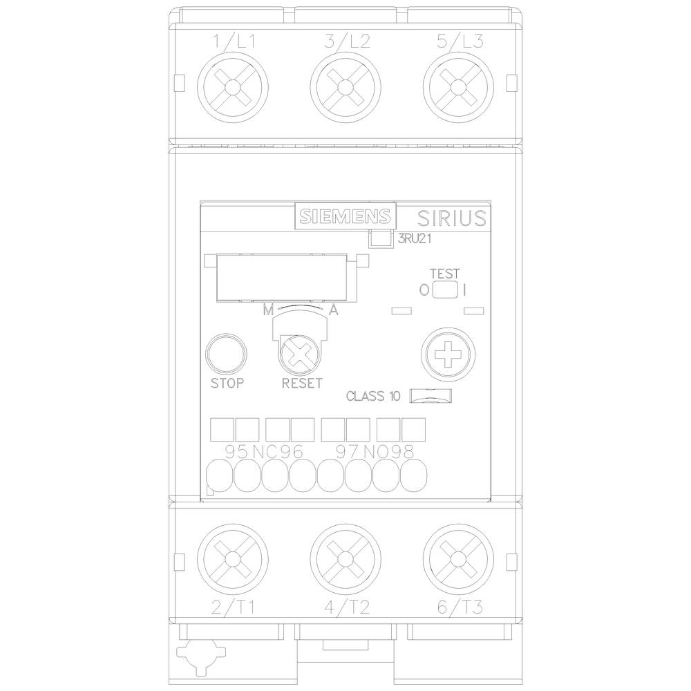 An electrical switchgear with control elements and indicators, marked with 'Siemens Sirius', shows connections and control settings.