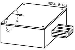 Electrical cabinet with an arrow and the number 'NSV0_01452' on the lid; connection plug on the right.