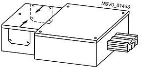 Illustration of a rectangular electronic component with cable connections and arrows indicating airflow through the housing.