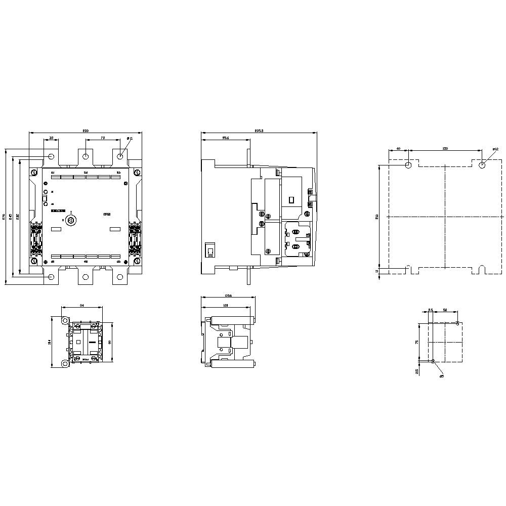 Technical drawing of an electrical component with detailed dimensions and front, top, and side views.