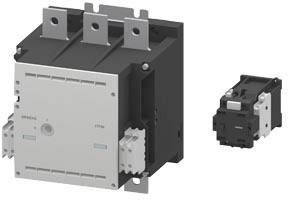 A large and a small electrical contactor are shown. The large contactor has three upper terminals and side screw terminals.