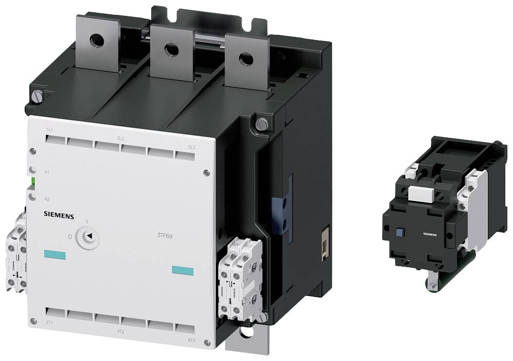 Two electrical switching devices of different sizes; on the left a larger circuit breaker, on the right a smaller contactor module.