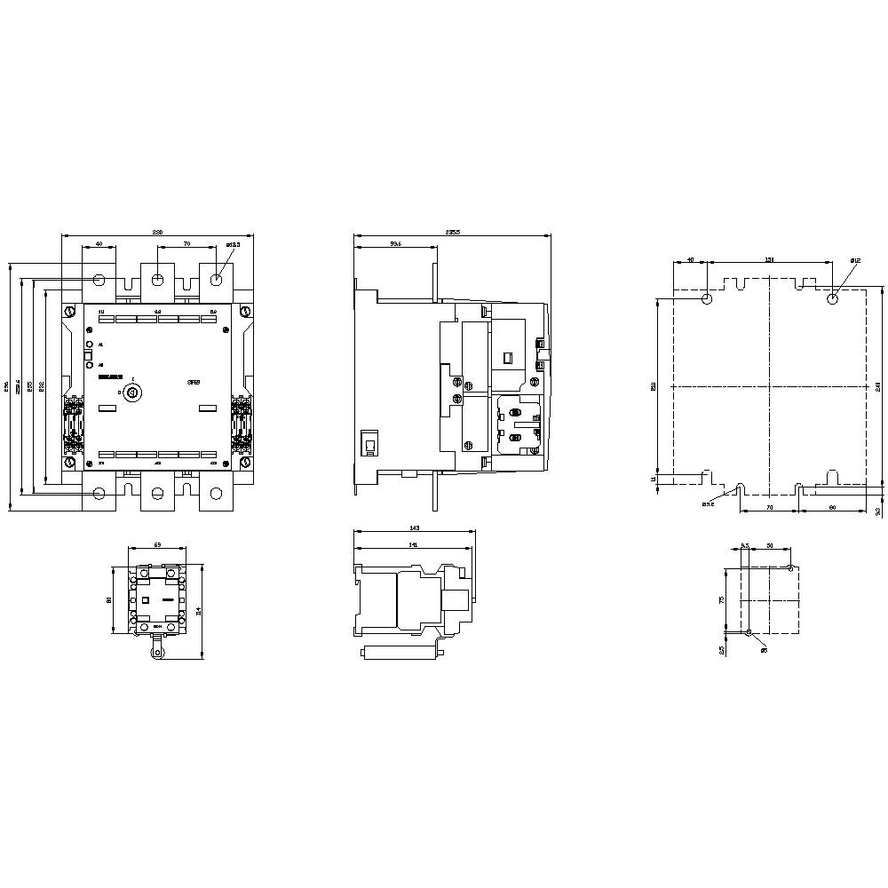 Technical drawing of an electrical switch with dimensions and details of the connections and mounting points.