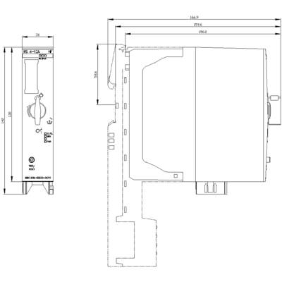 Technical drawing of an electronic device with detailed dimensions and labels. Left side view, right front view.