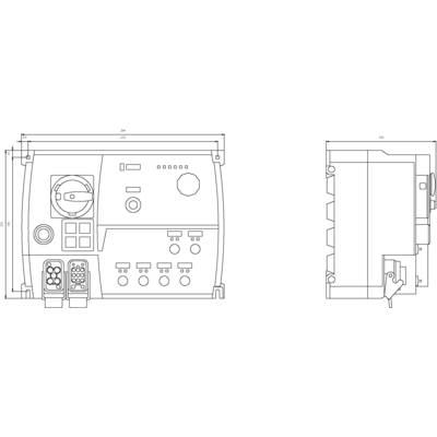 Technical drawing of an electronic device with multiple ports, a rotary dial, and indicator lights. Dimensions shown above.