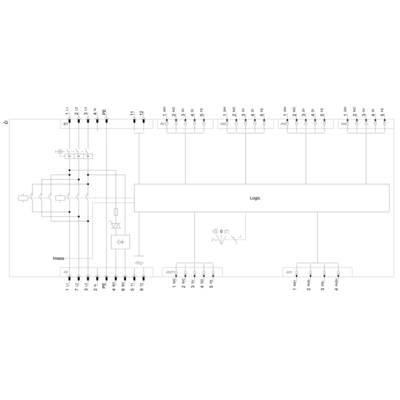 'Schematic representation of a logic circuit with input and output pins, switching components, and connecting lines.'