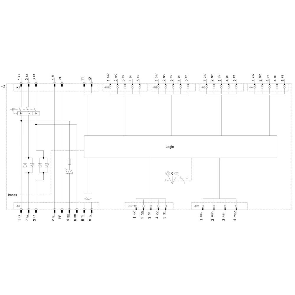 'Circuit diagram of an electronic circuit with logic section and connections. Shows current flow and connection points.'