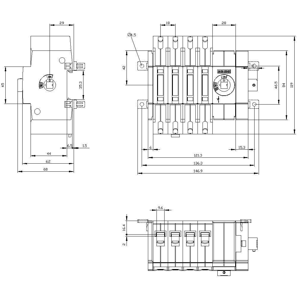 Technical drawing of a device with multiple views, dimensions and technical details, showing front, side and top view.