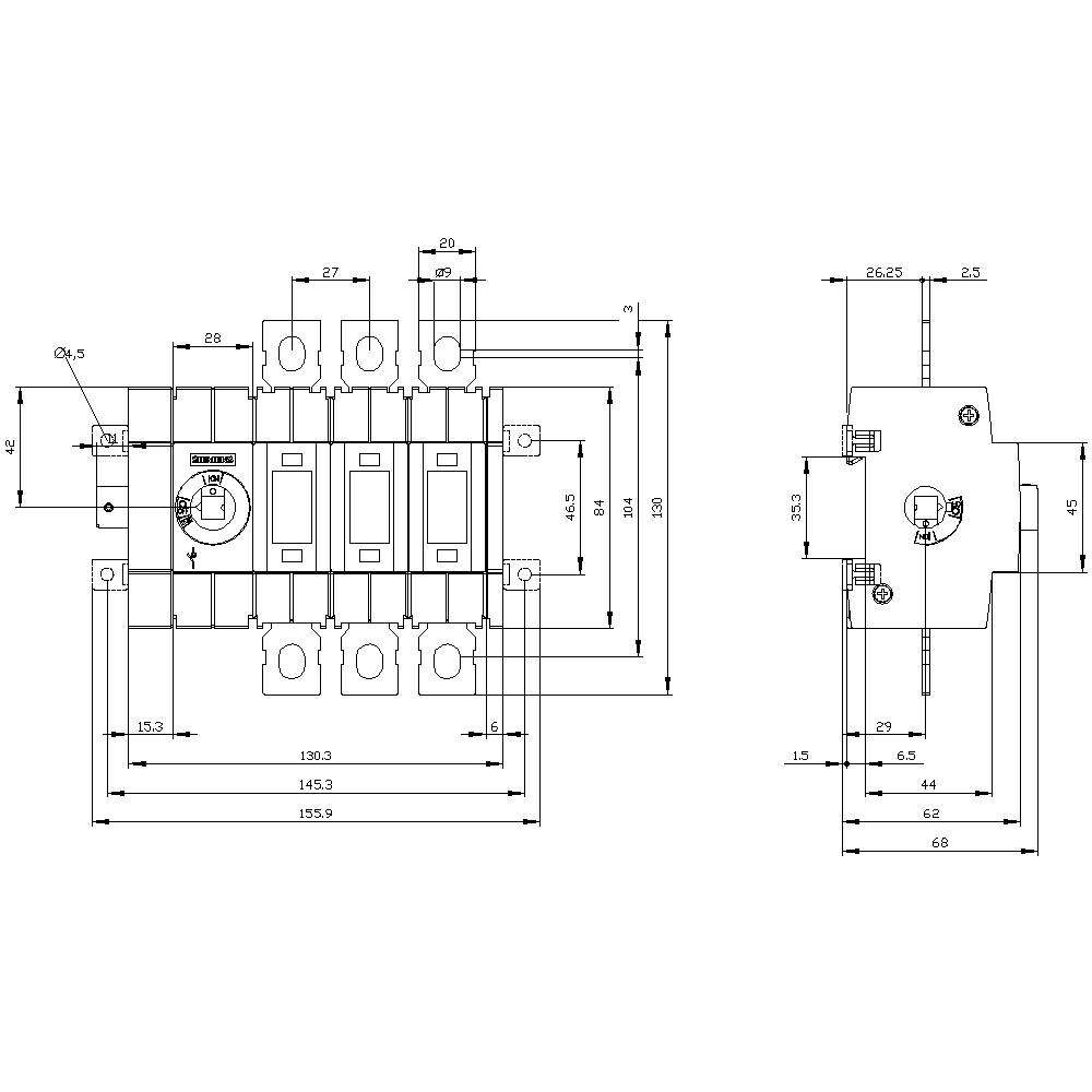 'Technical drawing of an electrical switch with detailed measurements. Front and side view with marked dimensions.'