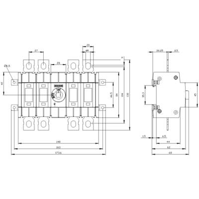 Technical drawing of an electrical switch with multiple connection terminals, side and front view, dimensions in millimetres.