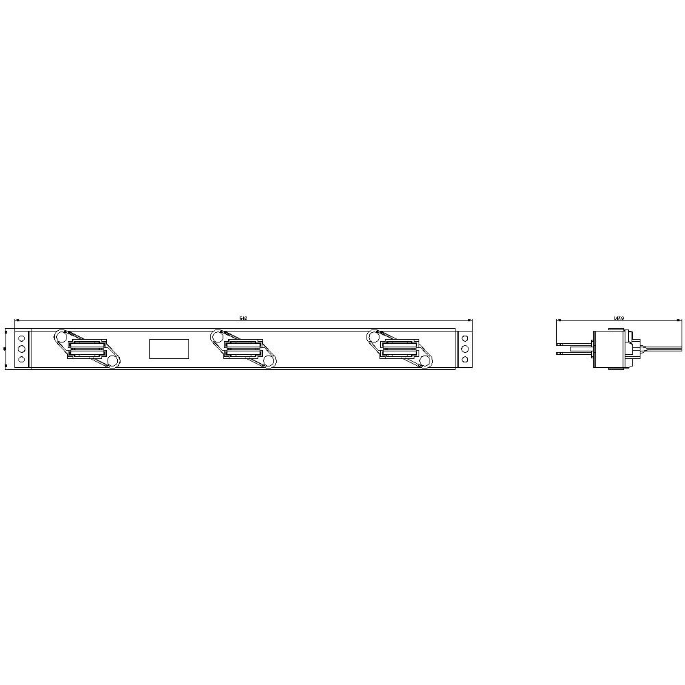 Technical drawing of a long rectangular device with three handles and a connection point. Side view shows connection details.