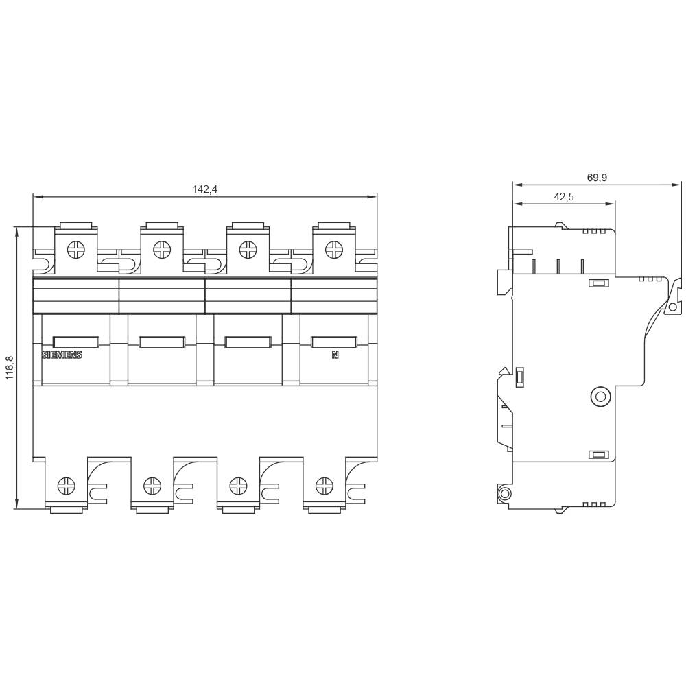 Technical drawing of a four-pole circuit breaker with dimensions in millimetres: width 142.4, height 118, depth 69.9.