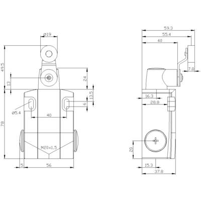 Technical drawing of a mechanical part with detailed dimensions in millimetres. Contains front and side view of the component.