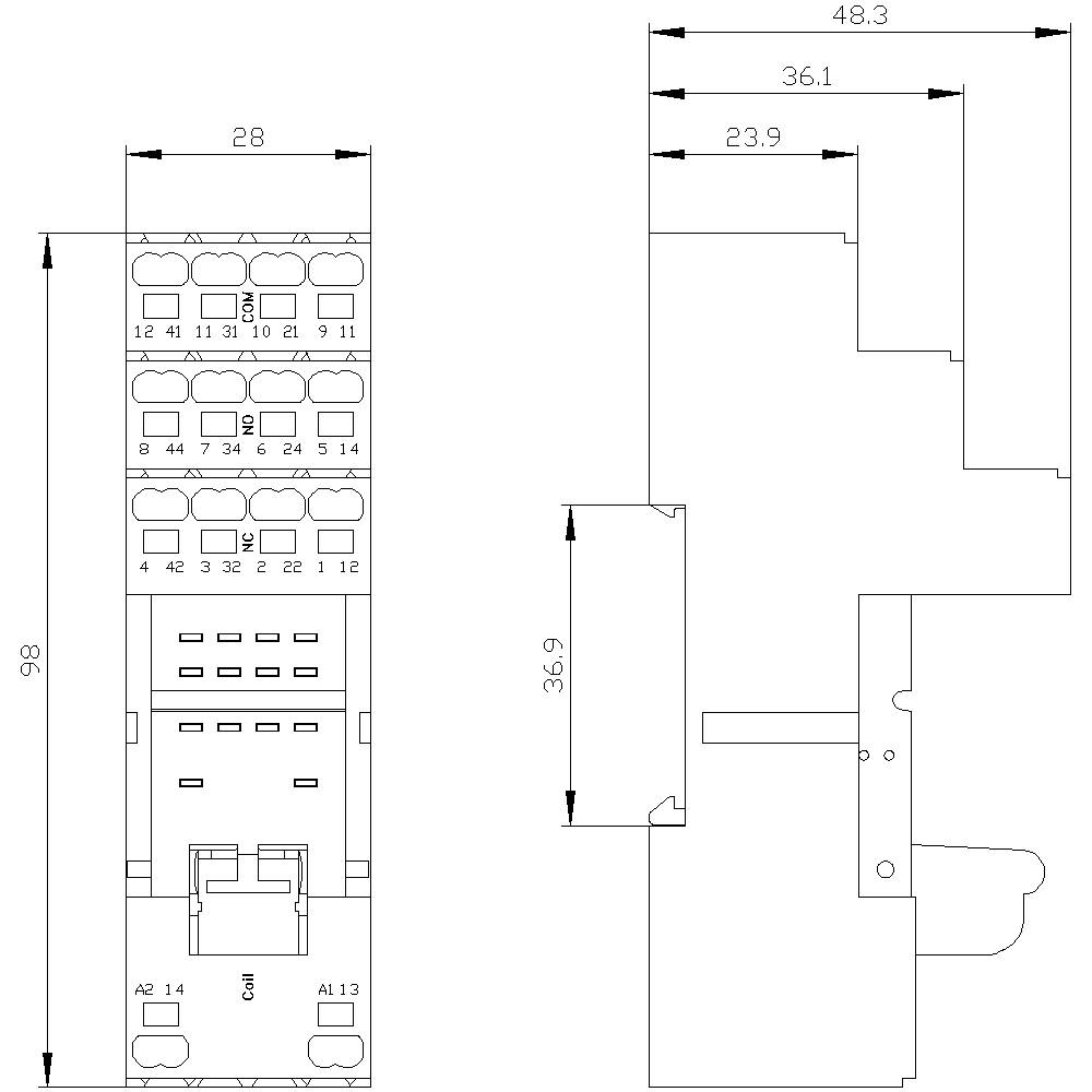Technical drawing of an electrical switchgear with dimensional specifications in millimetres of 98 x 28 front view and 36.9 side view.