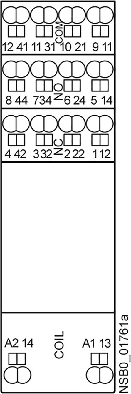 'Diagram of an electrical circuit plan with symbolic representations of contacts and coils, including labels such as 12, 41, COM.'